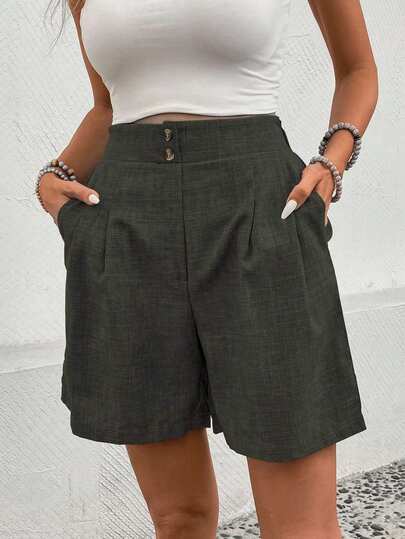 EMERY ROSE Pleated Pocket Casual High Waist Loose Versatile Shorts