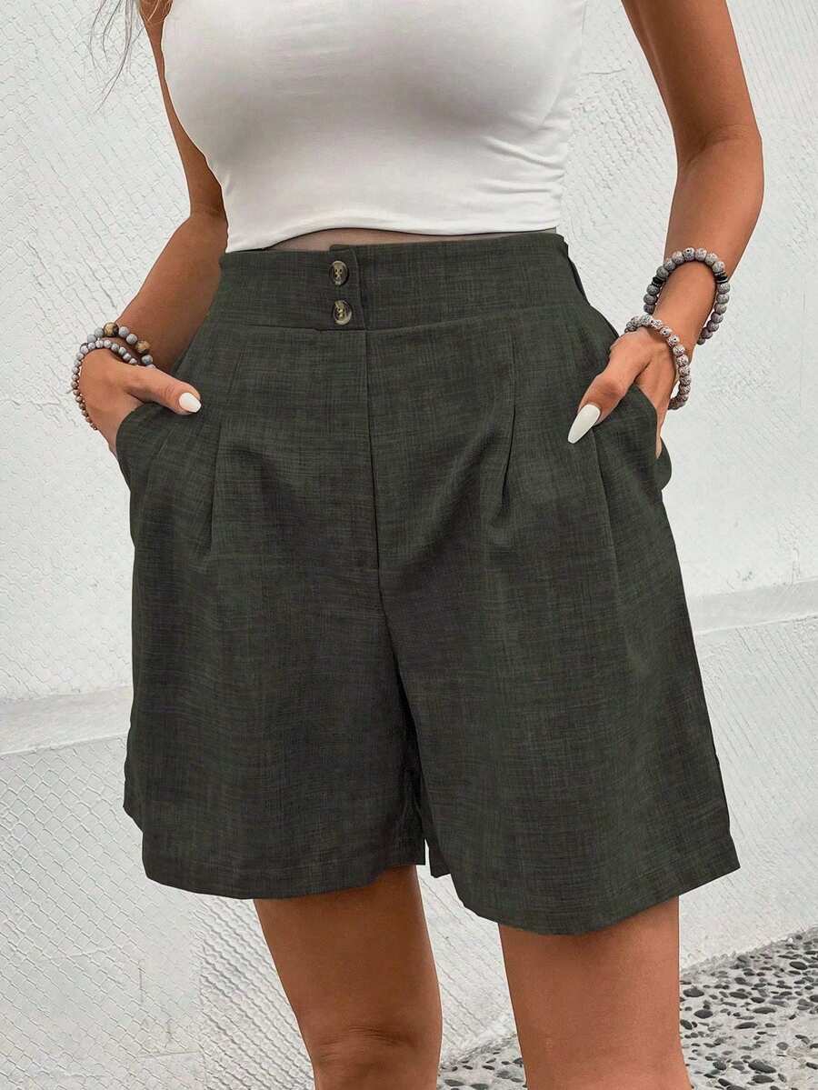 EMERY ROSE Pleated Pocket Casual High Waist Loose Versatile Shorts - Olive Green - View 1