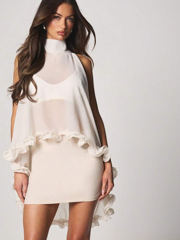 MISSGUIDED Chiffon Ruffle Halter Neck Sleeveless Blouse With High Low Hem And Flowing Drape Detail For Spring Summer Casual Elegant Occasions