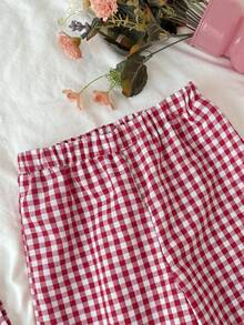 Serisse Kids Conjunto de top de tirantes y pantalones con estampado de cuadros para niñas preadolescentes, verano - Rojo - Ver 4