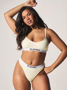 Missguided x Playboy Triangle Bralette With Thong Panty Set Ribbed Contrast Band Intimate Lingerie Set Two Piece - Yellow - View 1