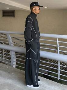 Ngobest Haus Ngobest Haus 2 件男士前拉链口袋简约夹克和裤子套装，休闲运动服，秋季服装 - 黑色 - 查看 4