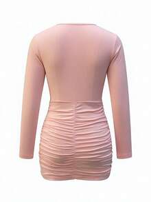 女士纯色 V 领修身性感迷你连衣裙 - 粉色 - 查看 2