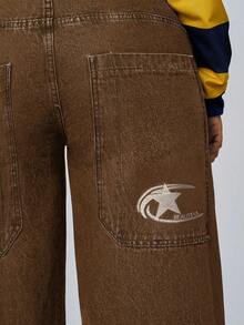 Jeanoix Quần dài nữ cỡ lớn thêu họa tiết, kiểu dáng thường ngày, đã qua xử lý giặt. - Cà phê nâu - Xem 7