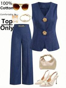 Editum 女士新款优雅V领金属纽扣收腰百搭衬衫，春夏皆宜，100%纯棉，优雅干练，时尚女式衬衫 - 灰色 - 查看 3