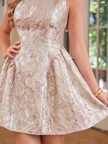 Amorya 女士优雅提花编织开衩腰部A字无袖迷你连衣裙，夏季时尚服饰 - 彩色 - 查看 8