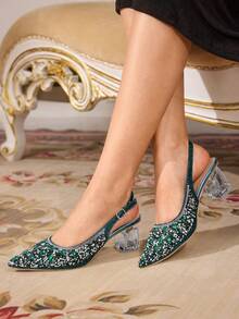 CUCCOO TILAWA Women's Crystal Heel Glass Rhinestone Decor Pointed Toe High Heel Pumps, Suitable For Outings, Banquets, Parties And Other Events Valentine's Day - Green - View 3