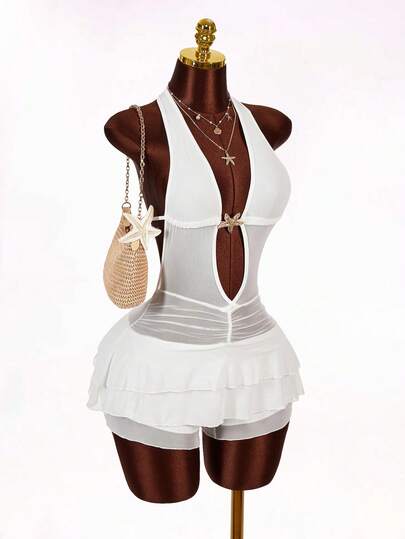 Amplova 女士性感露背系带褶皱连体裤，饰有金属海星，适合海滩度假和夏季穿着。