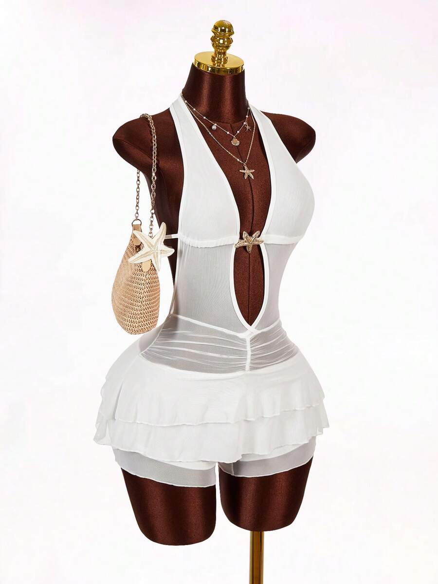 Amplova 女士性感露背系带褶皱连体裤，饰有金属海星，适合海滩度假和夏季穿着。 - 白色 - 查看 1