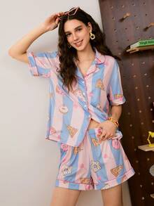 Young Energetic Cute Donut, Pizza, Lollipop Striped Print Lapel Cardigan Women Pajama Set - Multicolor - View 3