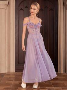 Myrelith 2pcs Set Romantic Lace Contrast Color Water-Soluble Flower Decor Bodycon Long Mesh Slip Dress, Palace Style - Mauve Purple - View 5
