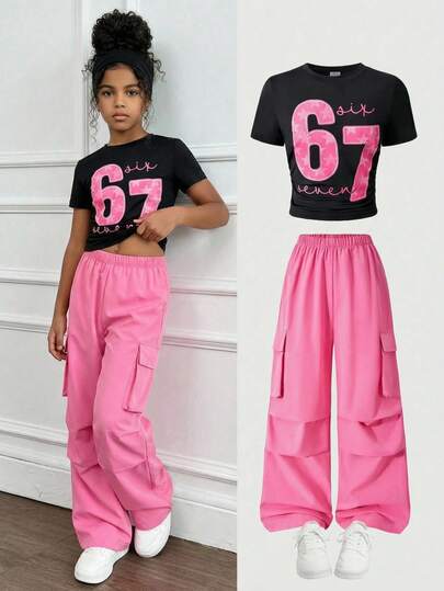 SHEIN Tween Girl Numeric Print Crew Neck Short Sleeve T-Shirt And Wide Leg Cargo Pants Casual Outfit, Perfect For Girls To Wear Casually And Create A Fashionable Streetwear Look