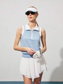 CourtClass Women's Contrast Trim Half Zip Sleeveless Golf Polo Vest, Summer - Blue - View 4