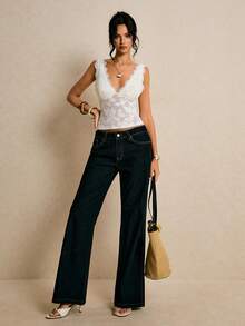 Poéselle 女士V领蕾丝边时尚百搭上衣，适合约会和外出穿着 - 米色 - 查看 8