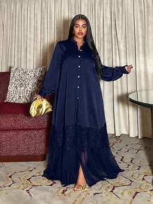 Maweii Plus Size Women Casual Vacation Daily Cardigan With Button, Ruffle Hem & Mesh Patchwork, Loose & Comfortable A-Line Dress - Blue - View 3