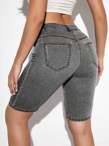 Flexra Quần short denim dáng ôm, màu trơn, túi xéo, kiểu dáng thường ngày, đa năng. - Xám - Xem 2