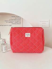 Red Grid Makeup Bag, Portable Quilted Checkered Toiletry Pouch With Large Capacity For Travel - Red - View 3