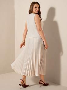 Comfylo 大码女式V领单排扣背心上衣和百褶裙两件套，时尚百搭，适合通勤和办公穿着 - 卡其色 - 查看 4