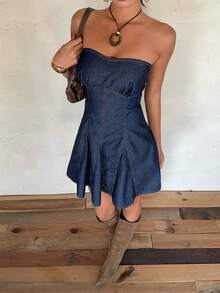 Aloruh 女士露背系带褶皱下摆牛仔吊带裙 - 藍色 - 查看 5