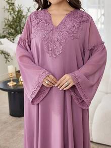 Al Najma Plus Size Solid Color Chiffon Double Layer Long Sleeve Lace Trim Casual Turkish Maxi Dress - Mauve Purple - View 7