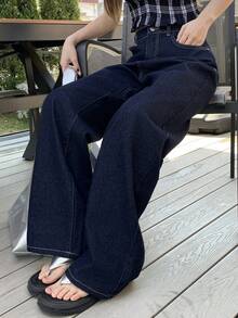 DAZY Solid Color Slant Pocket Casual Versatile Wide Leg Jeans - Navy Blue - View 4
