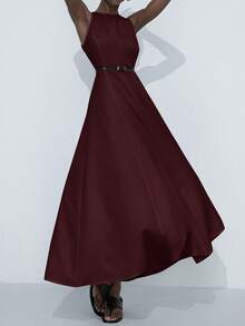 Aveloria Modichic Elegant Round Neck Sleeveless Oblique Shoulder Cinched Waist Exaggerated Pleated Ruffle Maxi A-Line Dress For Women - Burgundy - View 4
