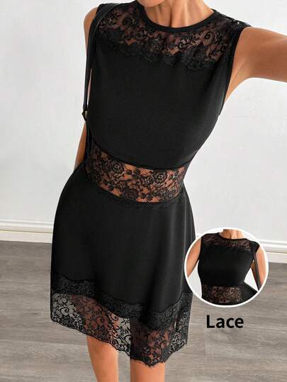 Siren Gaze Women's Elegant Lace Patchwork Sheer Waist Cinched Mini Dress, Summer,Women's Black Lace-Trimmed Sleeveless Mini Dress With A Fitted Waist For A Slimming Effect, Perfect For Parties/Weddings.,Black Dresses For Women,Summer Vacation Outfits,Elegant Party Dresses For Women, Fasching Women Costume,Women Carnival Costume,Valentine Dress ,Summer Dress