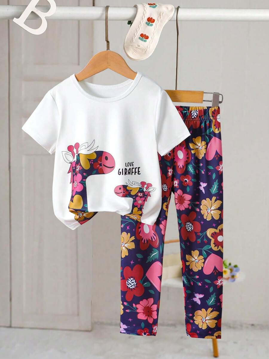 SHEIN Conjunto De Camiseta Y Pantalón Con Estampado De Jirafa Y Flores Para Niña Joven - Multicolor - Ver 1
