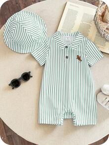 SHEIN Set 2 buc. nou-născuți, băieți/fete, salopă confortabilă, casual, cu imprimeu de cai, dungi albastre, mânecă scurtă și pălărie de soare, potrivit pentru interior, exterior, zi de zi, sport, joacă, petrecere, ședință foto, vacanță, primăvară/vară - Multicolor - Vizualizare 3