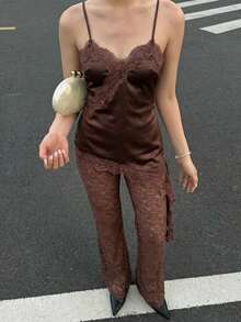 Firerie Elegant Romantic Urban Chic Bohemian Festival Party Music Festival Valentine's Day Date Sexy Lace Sheer Patchwork Asymmetric Hem Side Slit Backless Camisole Top And High Waist Lace Sheer Wide Leg Pants Brown 2 Piece Set - Brown - View 1