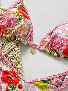 Elavelle Bộ 2 món bikini nữ in họa tiết ngẫu nhiên, dây mảnh, đính kim loại, kiểu dáng cạp cao, thích hợp cho kỳ nghỉ hè/xuân ở bãi biển. - Nhiều màu - Xem 6