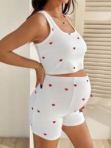 SHEIN 2件套孕妇爱心印花露脐背心和短裤套装，休闲款 - 白色 - 查看 7