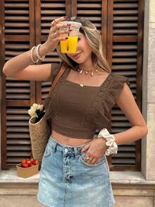 SHEIN Frenchy Blusa de unicolor sin espalda con lazo para mujer - Óxido marrón - Ver 2