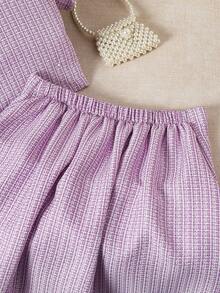 Tween 女孩休闲通勤 2 件套：蝴蝶结装饰短袖衬衫和褶皱迷你裙 - 紫色 - 查看 3