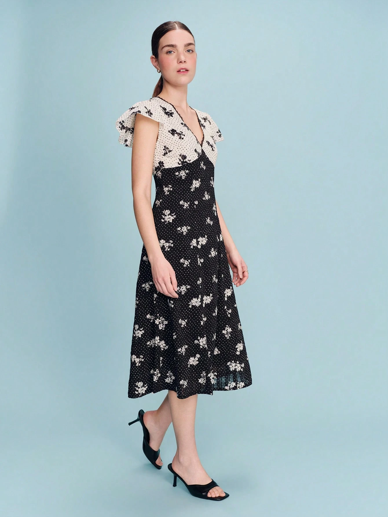 Polka Dot Monochrome Contrast Print Midi Dress With Short Sleeves Vintage Style Chic Spring Summer Vintage Dress Floral Midi Dress Tea Dress French Style Dress Hibiscus Dress Vacation Holiday Dress