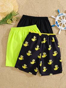 SHEIN 3pcs/Set Teen Boy Casual Vacation: 1pc All-Over Printed Yellow Duck Pattern And 2pcs Solid Swim Trunks, Suitable For Beach, Pool Party, Spring/Summer - Multicolor - View 3