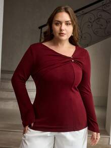 ZEYLAH Asymmetric Neckline Metal Decor Flare Sleeve T-Shirt - Burgundy - View 4