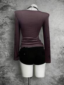 StreetHx 十字印花V领薄款长袖T恤，朋克风格 - 紫紅色 - 查看 2