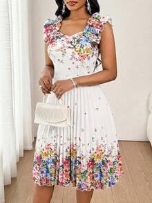 SHEIN Lady Women's Elegant Romantic Floral Print Pleated Mid-Length Dress - Multicolor - View 5