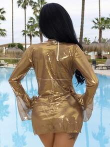 Swim SXY Women's Sheer Mesh Flare Sleeve Cover Up, Sexy Glitter Casual Beach Vacation Party Top - Gold - View 2