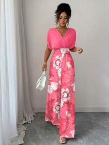 Elenzga Bộ jumpsuit dài in họa tiết, cổ chữ V, dáng rộng, xếp ly, eo, dành cho nữ. - Hồng - Xem 3