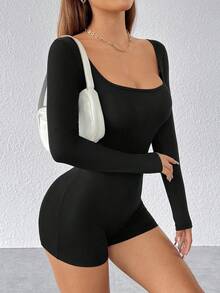 SHEIN PETITE Women'S Square Neck Unitard Romper - Black - View 6