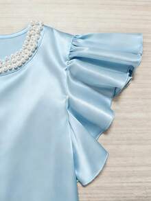 SHEIN Franclia 纯色缎面圆领短袖泡泡珠饰女式T恤 浅蓝色上衣 女式缎面夏季派对上衣 外出上衣 女士生日度假上衣 - 藍色 - 查看 4