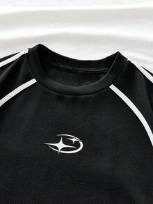 AXEPEAK 男士休闲撞色条纹短袖T恤 - 黑色 - 查看 4