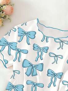 Genkimix Kids 一套少女睡衣，简约蓝色蝴蝶结印花短袖上衣和裤子休闲睡衣套装 - 杏色 - 查看 5