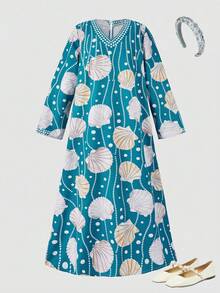 Vestido de estilo medio oriental para niña preadolescente, vestido de manga larga con estampado retro digital de perlas y conchas, adecuado para ir al trabajo, salidas y uso diario - Azul - Ver 8