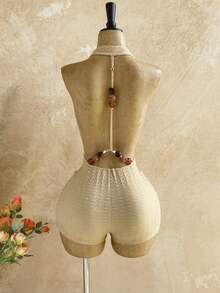 Soleia New Casual Vacation Western Beach Wedding Guest Attire Graduation Brunch Women's Outfit, Suitable For St. Patrick's Day, Spring Break, Easter, Music Festivals, Elegant Bohemian Tropical Halter Backless Metal Beaded Textured Jumpsuit - Apricot - View 2