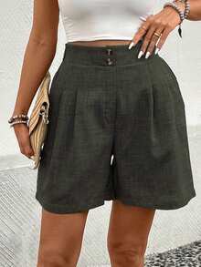 EMERY ROSE Pleated Pocket Casual High Waist Loose Versatile Shorts - Olive Green - View 4