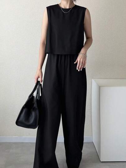 FRIFUL 女士纯色简约无袖圆领休闲连体裤，夏季