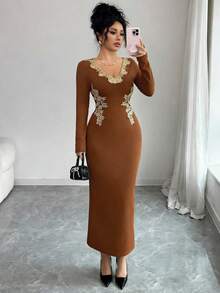 SHEIN Clasi Women's Elegant Brown Autumn Lace V-Neck Gold Trim Long Sleeve Bodycon Dress,Perfect For Parties,Dining,Dates&Daily Wear,Fitted Solid Color Maxi Dress - Brown - View 6